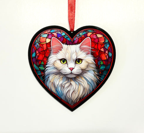 Persian Cat Stained Glass Effect Heart Suncatcher